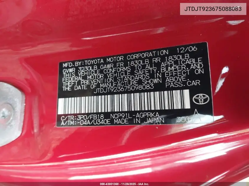 JTDJT923675098083 2007 Toyota Yaris