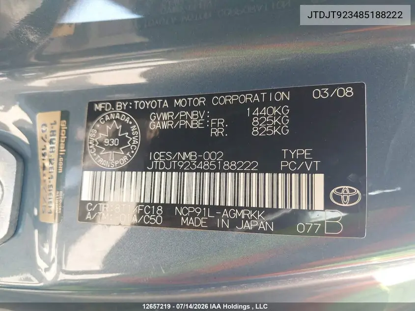2008 Toyota Yaris VIN: JTDJT923485188222 Lot: 12657219