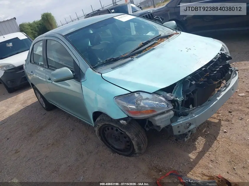 2008 Toyota Yaris VIN: JTDBT923884038012 Lot: 45653196