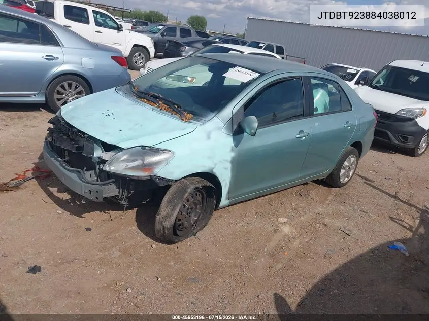 2008 Toyota Yaris VIN: JTDBT923884038012 Lot: 45653196