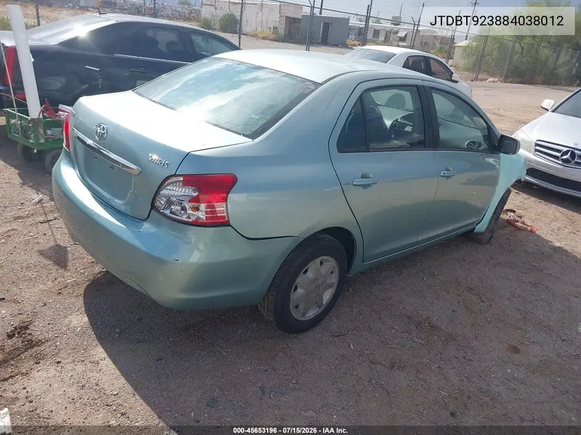 2008 Toyota Yaris VIN: JTDBT923884038012 Lot: 45653196