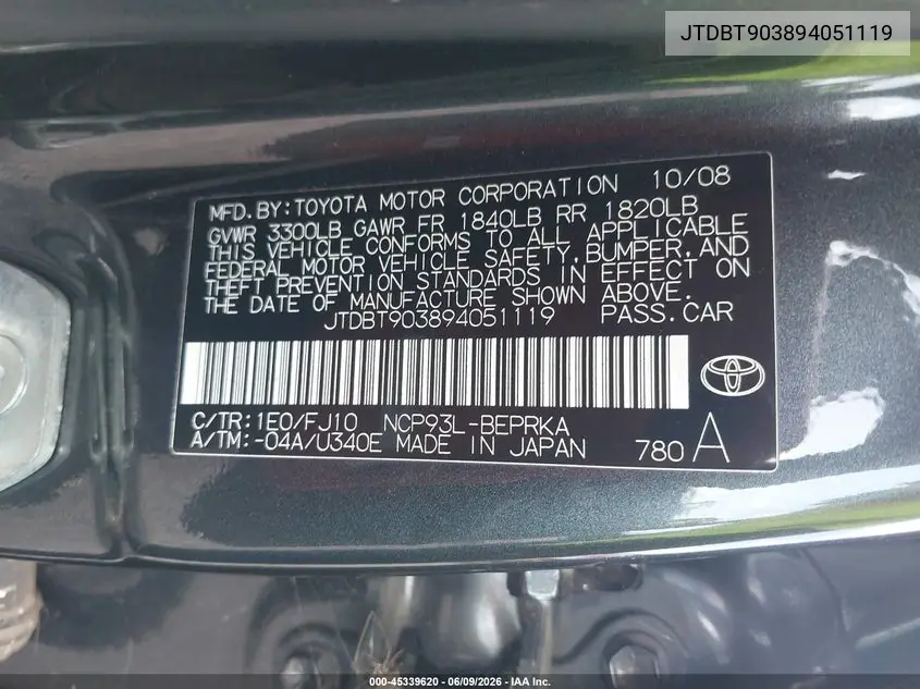 2009 Toyota Yaris VIN: JTDBT903894051119 Lot: 45339620