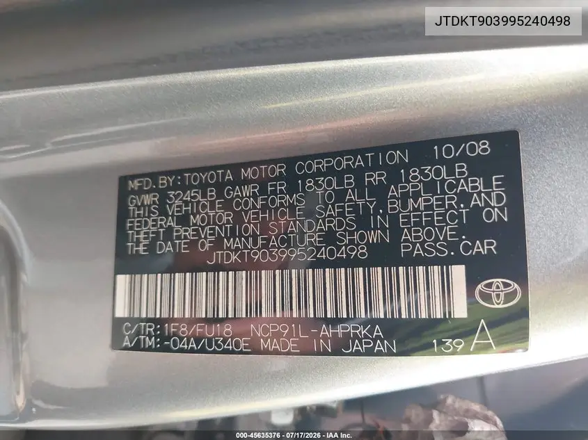 2009 Toyota Yaris VIN: JTDKT903995240498 Lot: 45635376
