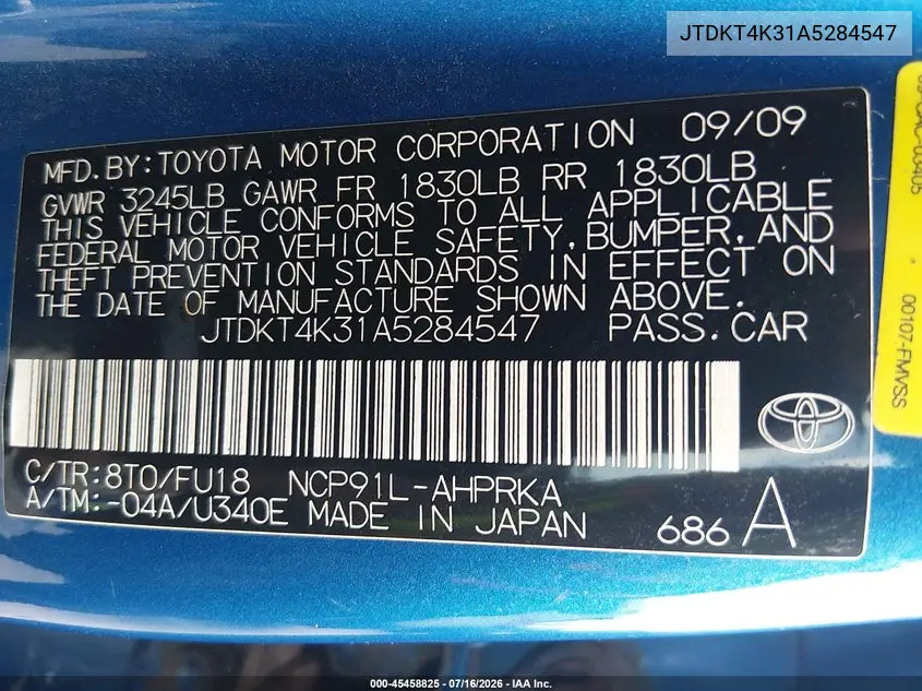 2010 Toyota Yaris VIN: JTDKT4K31A5284547 Lot: 45458825