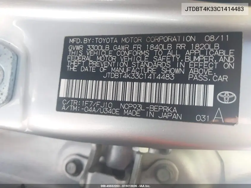 2012 Toyota Yaris VIN: JTDBT4K33C1414483 Lot: 45552203