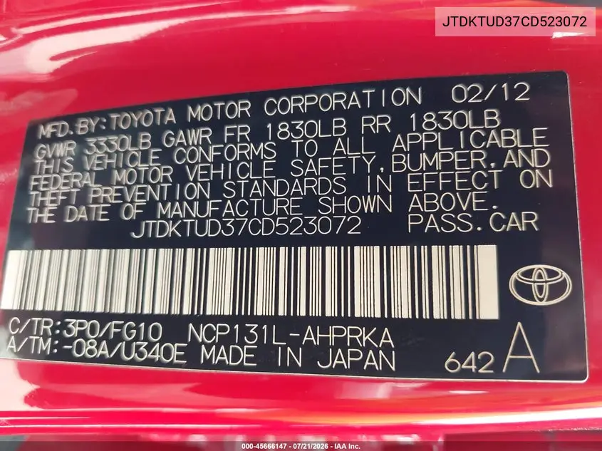 2012 Toyota Yaris L VIN: JTDKTUD37CD523072 Lot: 45666147