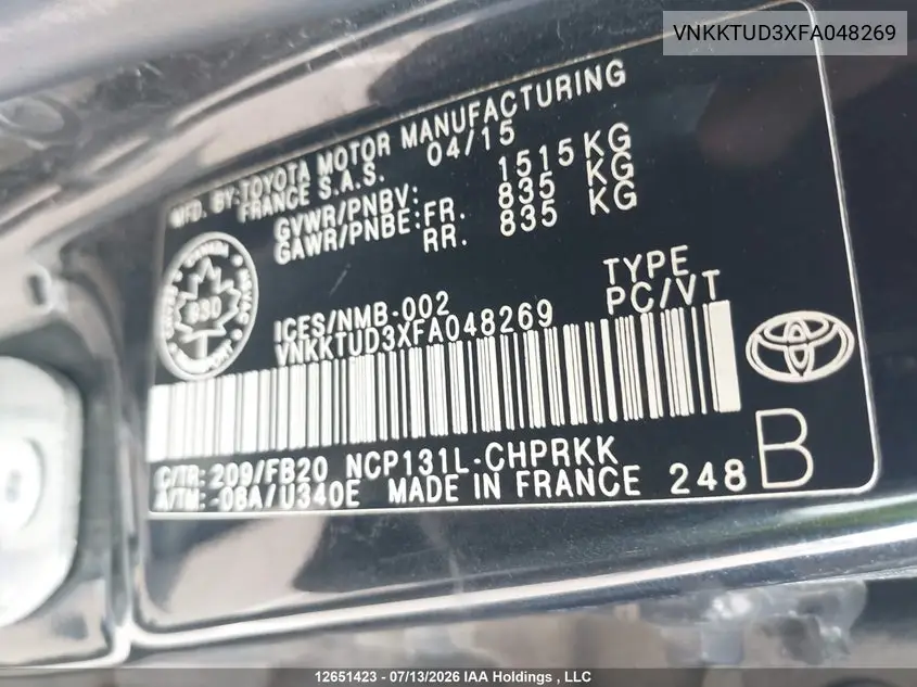 2015 Toyota Yaris VIN: VNKKTUD3XFA048269 Lot: 12651423
