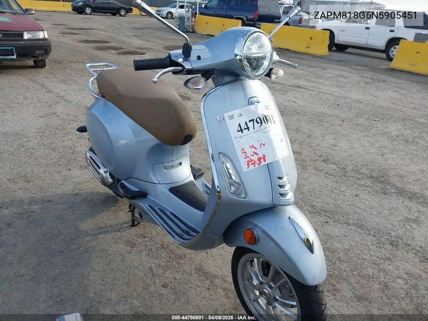 2022 Vespa Primavera/Sprint 150 VIN: ZAPM818G6N5905451 Lot: 44790501