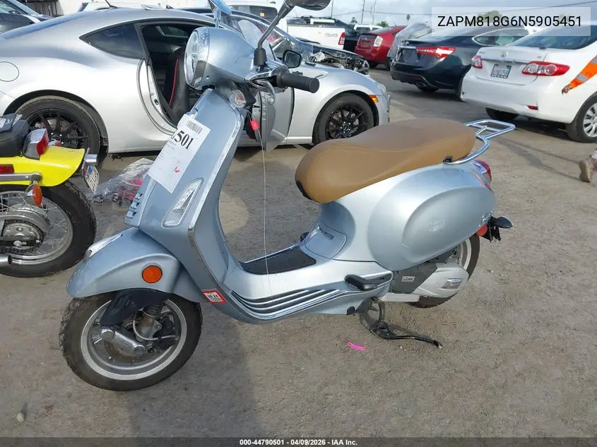 2022 Vespa Primavera/Sprint 150 VIN: ZAPM818G6N5905451 Lot: 44790501