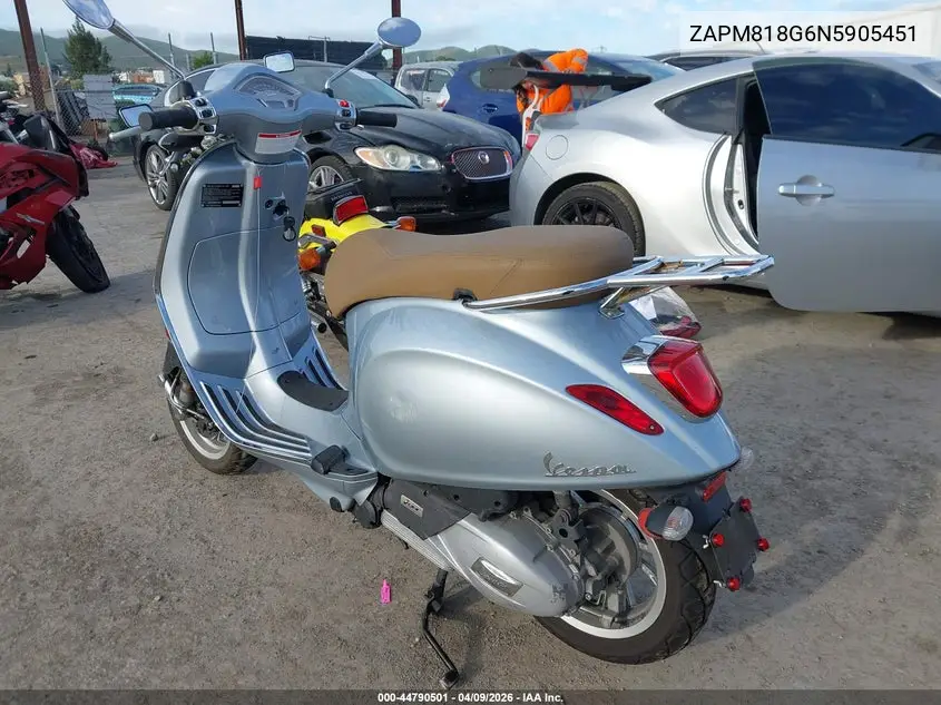 2022 Vespa Primavera/Sprint 150 VIN: ZAPM818G6N5905451 Lot: 44790501