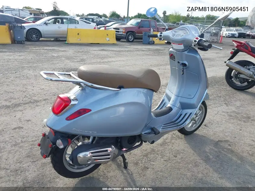 2022 Vespa Primavera/Sprint 150 VIN: ZAPM818G6N5905451 Lot: 44790501