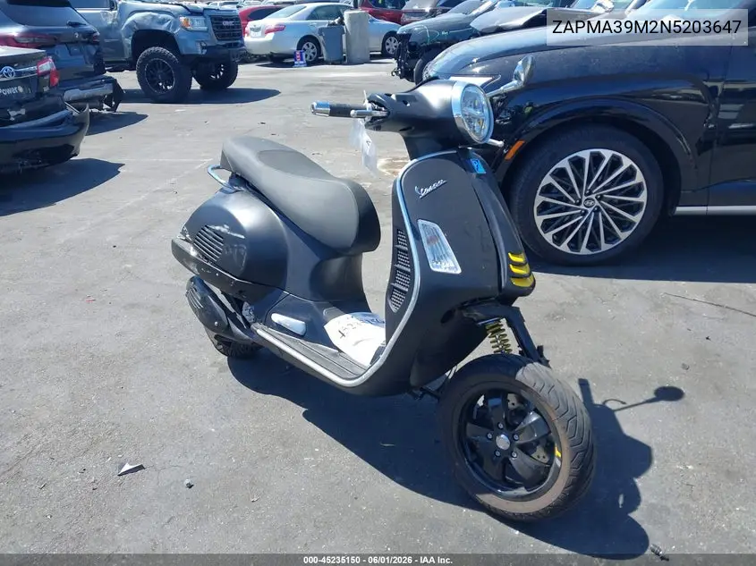 2022 Vespa Other VIN: ZAPMA39M2N5203647 Lot: 45235150