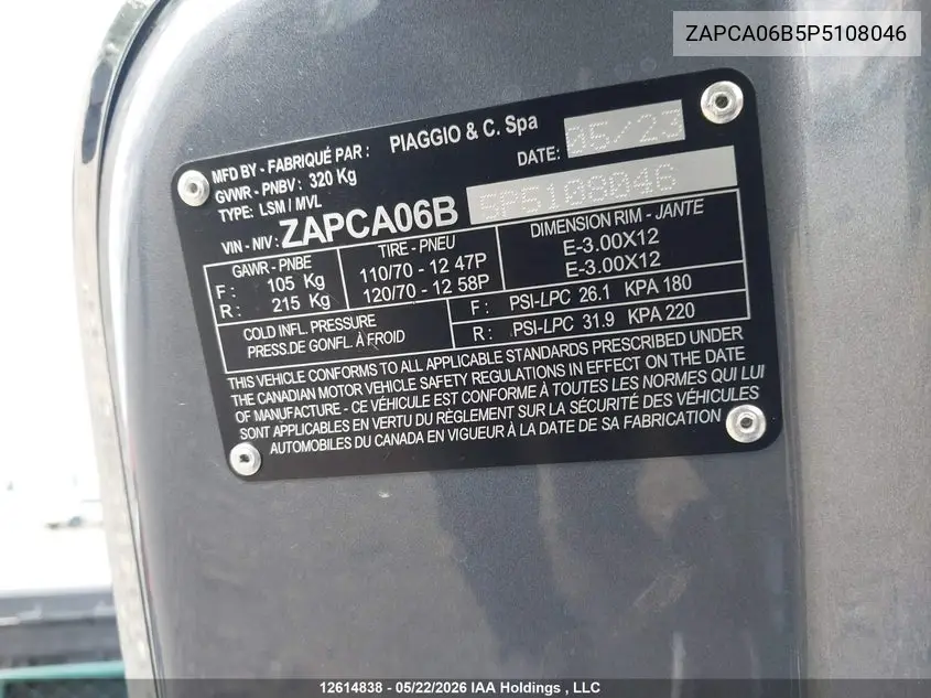 2023 Vespa Primavera/Sprint 50 VIN: ZAPCA06B5P5108046 Lot: 12614838