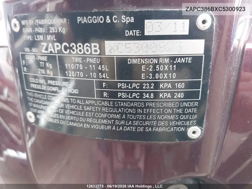 2012 Vespa Lx 50 VIN: ZAPC386BXC5300923 Lot: 12633775