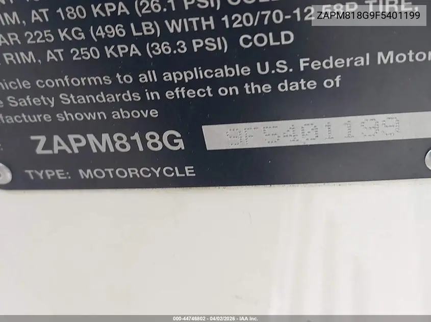 2015 Vespa Sprint 150 3V VIN: ZAPM818G9F5401199 Lot: 44746802