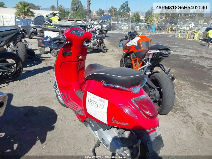 2017 Vespa Sprint 150 3V VIN: ZAPM818G6H5402040 Lot: 43575179