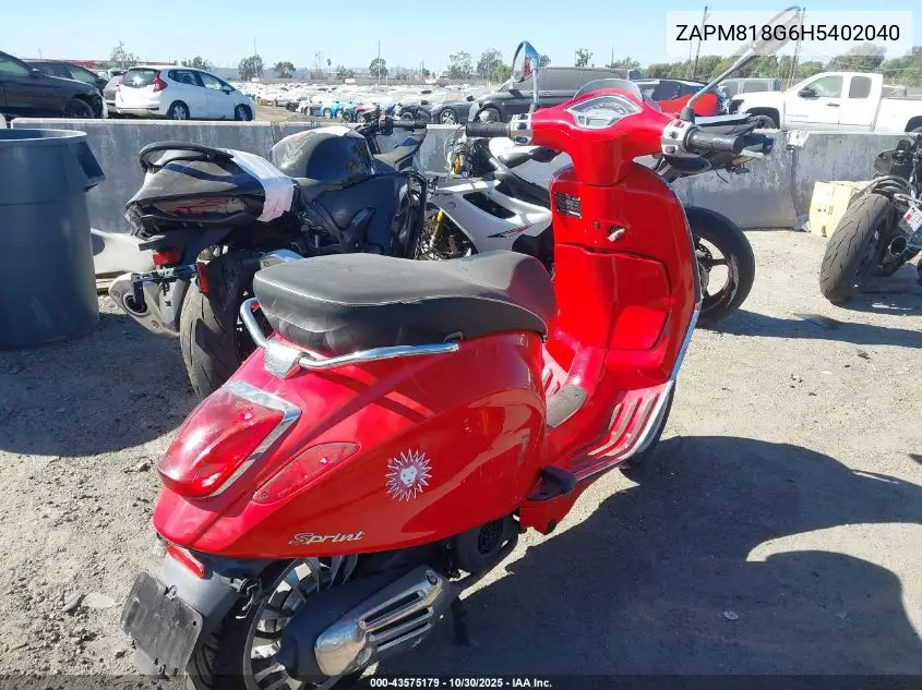 2017 Vespa Sprint 150 3V VIN: ZAPM818G6H5402040 Lot: 43575179