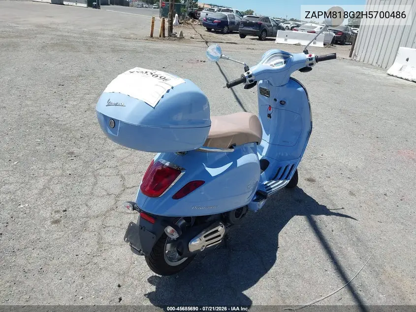 2017 Vespa Sprint 150 3V VIN: ZAPM818G2H5700486 Lot: 45685690