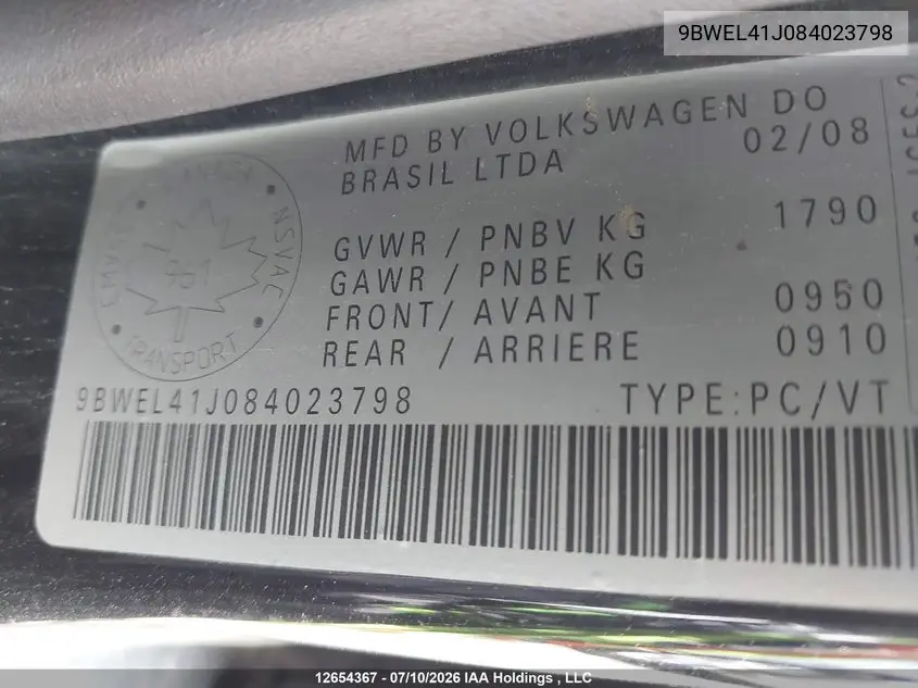 2008 Volkswagen City Golf VIN: 9BWEL41J084023798 Lot: 12654367