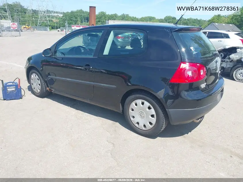 2008 Volkswagen Rabbit S VIN: WVWBA71K68W278361 Lot: 45339877