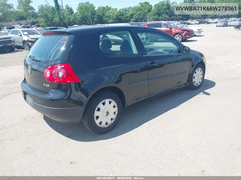 2008 Volkswagen Rabbit S VIN: WVWBA71K68W278361 Lot: 45339877