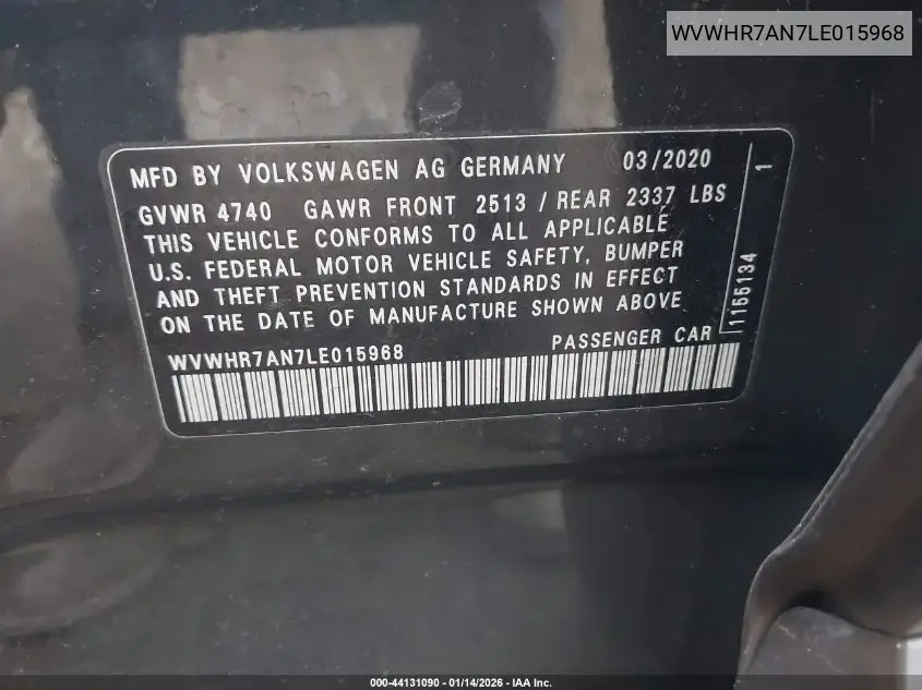 2020 Volkswagen Arteon 2.0T Sel R-Line VIN: WVWHR7AN7LE015968 Lot: 44131090