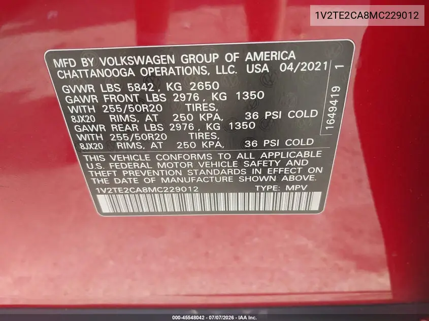 2021 Volkswagen Atlas Cross Sport 3.6L V6 Sel Premium VIN: 1V2TE2CA8MC229012 Lot: 45548042