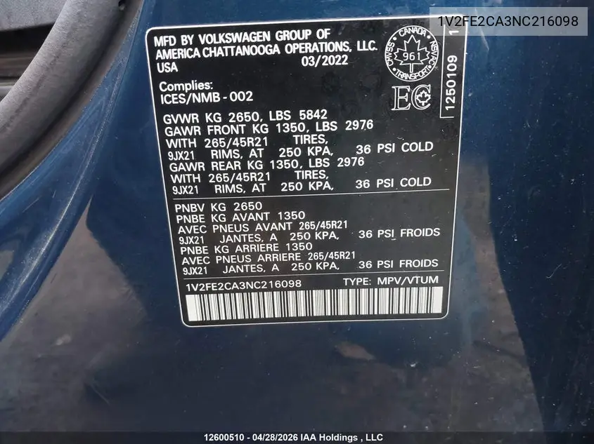 2022 Volkswagen Atlas Cross Sport 3.6 Fsi Execline VIN: 1V2FE2CA3NC216098 Lot: 12600510