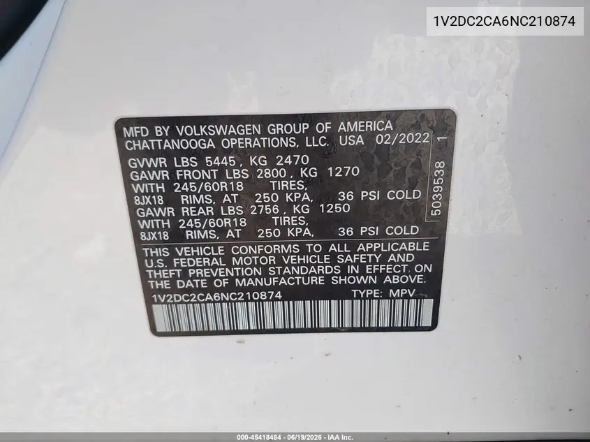 2022 Volkswagen Atlas Cross Sport 2.0T Se VIN: 1V2DC2CA6NC210874 Lot: 45418484