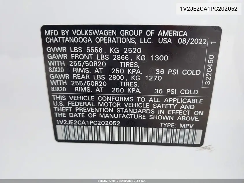 2023 Volkswagen Atlas Cross Sport 3.6L V6 Se W/Technology VIN: 1V2JE2CA1PC202052 Lot: 45317308