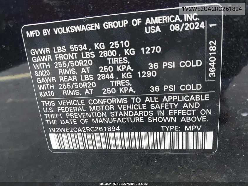 2024 Volkswagen Atlas Cross Sport 2.0T Se W/Technology VIN: 1V2WE2CA2RC261894 Lot: 45218973