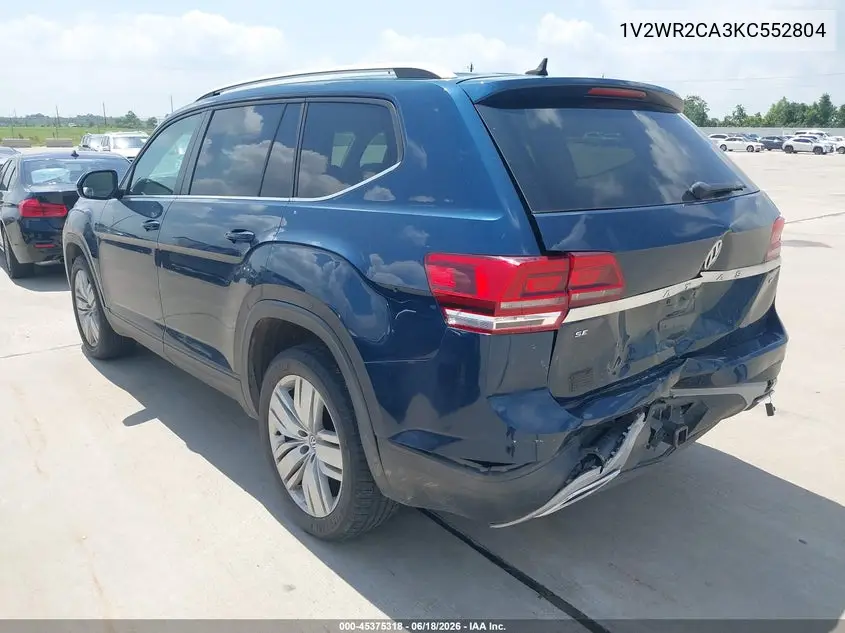 2019 Volkswagen Atlas 3.6L V6 Se W/Technology VIN: 1V2WR2CA3KC552804 Lot: 45375318