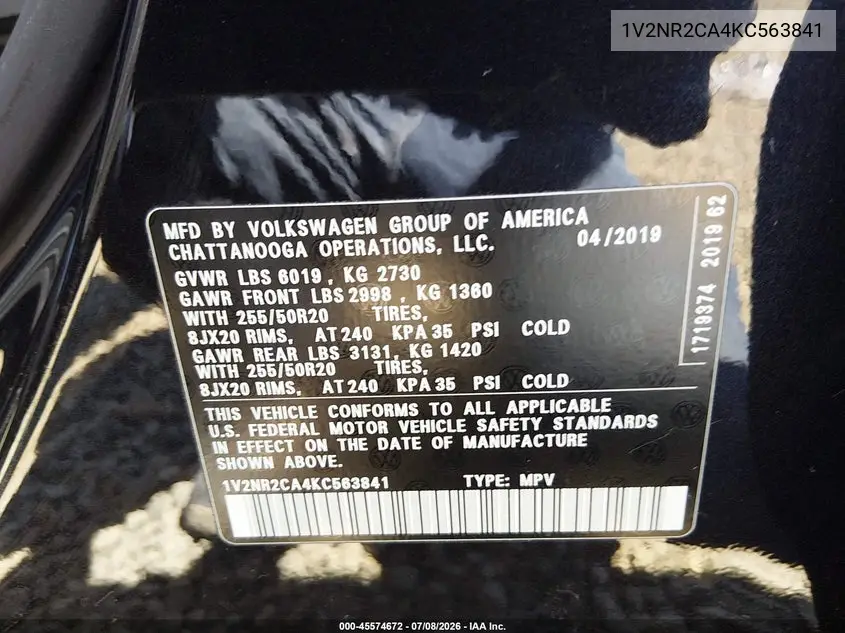 2019 Volkswagen Atlas 3.6L V6 Sel Premium VIN: 1V2NR2CA4KC563841 Lot: 45574672