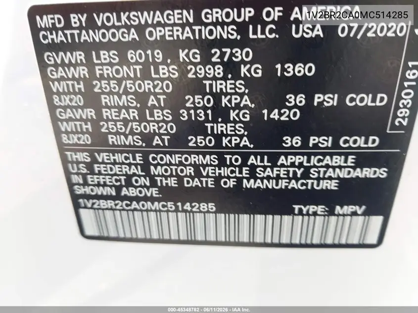 2021 Volkswagen Atlas 3.6L V6 Sel VIN: 1V2BR2CA0MC514285 Lot: 45348782