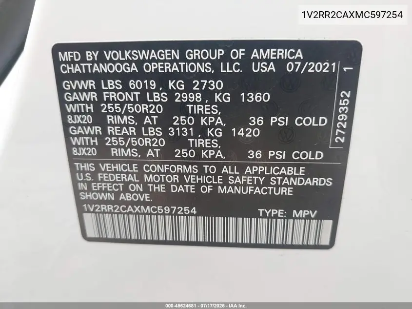 2021 Volkswagen Atlas 3.6L V6 Se W/Technology R-Line VIN: 1V2RR2CAXMC597254 Lot: 45624681