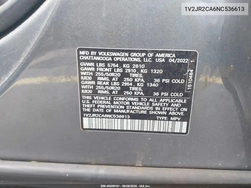 2022 Volkswagen Atlas 3.6L V6 Se W/Technology VIN: 1V2JR2CA6NC536613 Lot: 45489181