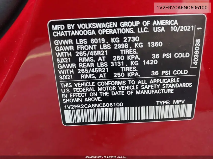 2022 Volkswagen Atlas 3.6L V6 Sel Premium R-Line VIN: 1V2FR2CA6NC506100 Lot: 45541557