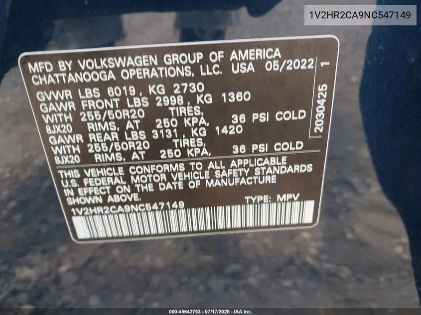 2022 Volkswagen Atlas 3.6L V6 Se W/Technology VIN: 1V2HR2CA9NC547149 Lot: 45642753