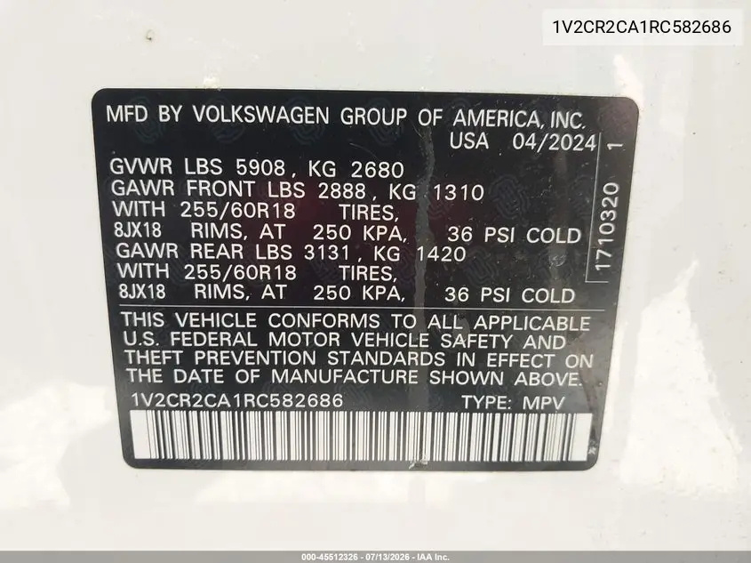 2024 Volkswagen Atlas 2.0T Peak Edition Se W/Technology VIN: 1V2CR2CA1RC582686 Lot: 45512326