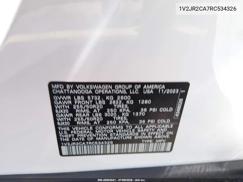 2024 Volkswagen Atlas 2.0T Se W/Technology VIN: 1V2JR2CA7RC534326 Lot: 45593541