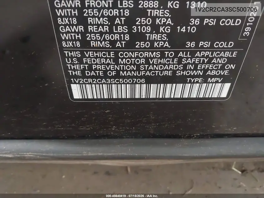 2025 Volkswagen Atlas 2.0T Peak Edition VIN: 1V2CR2CA3SC500706 Lot: 45640419