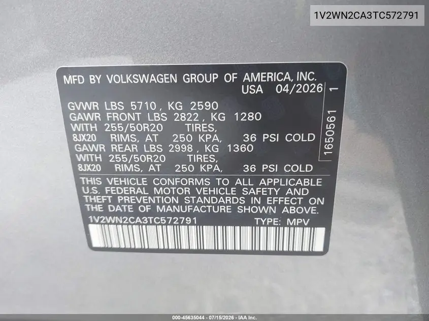 2026 Volkswagen Atlas Se With Technology VIN: 1V2WN2CA3TC572791 Lot: 45635044