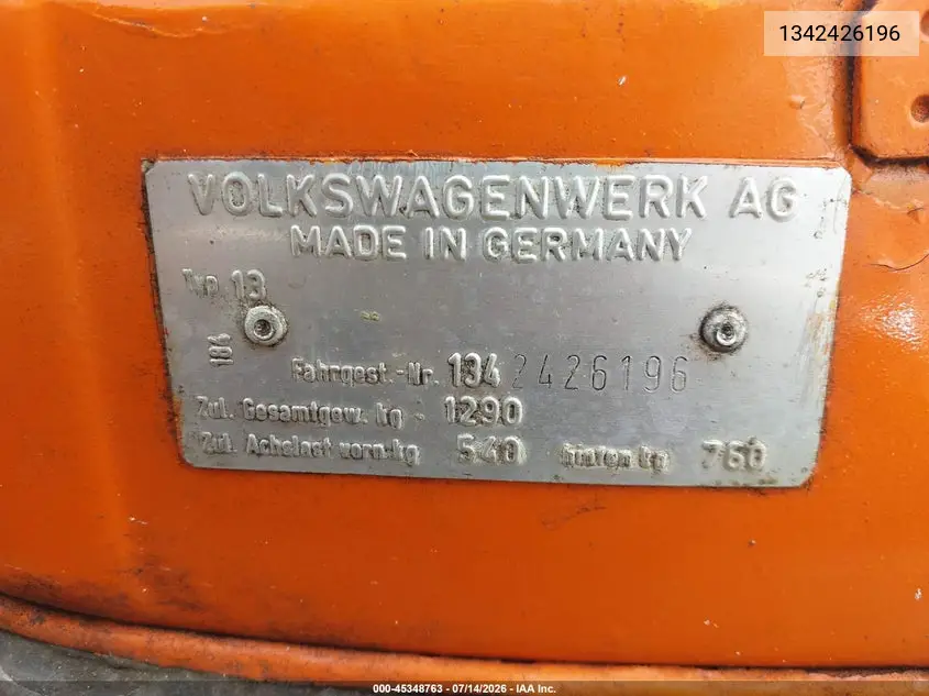 1974 Volkswagon Beetle VIN: 1342426196 Lot: 45348763