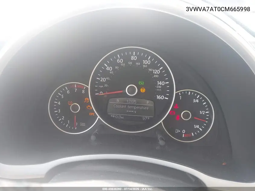 2012 Volkswagen Beetle 2.0T Turbo VIN: 3VWVA7AT0CM665998 Lot: 45638260