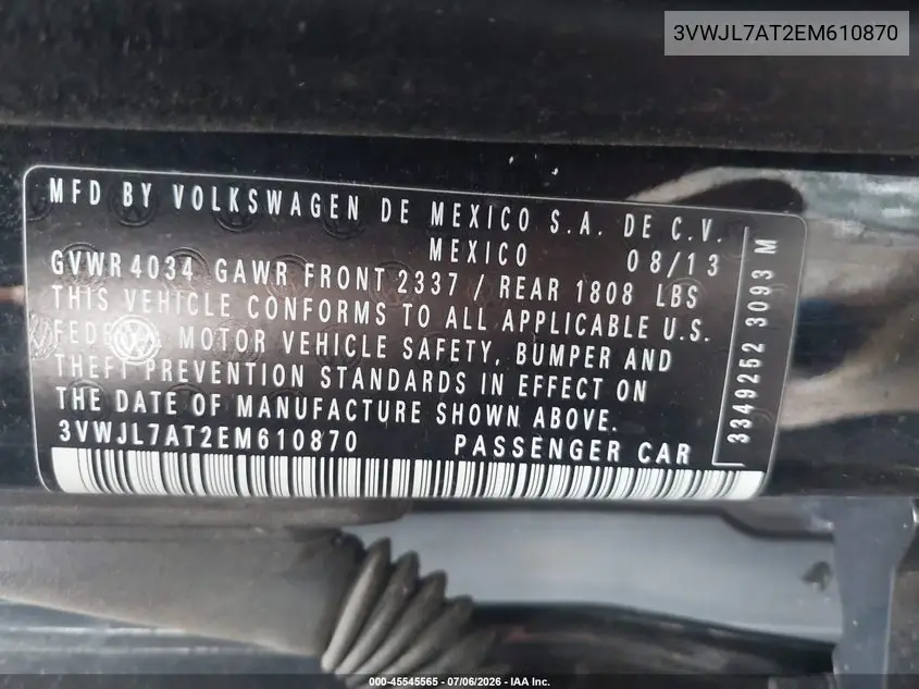 2014 Volkswagen Beetle 2.0L Tdi VIN: 3VWJL7AT2EM610870 Lot: 45545565