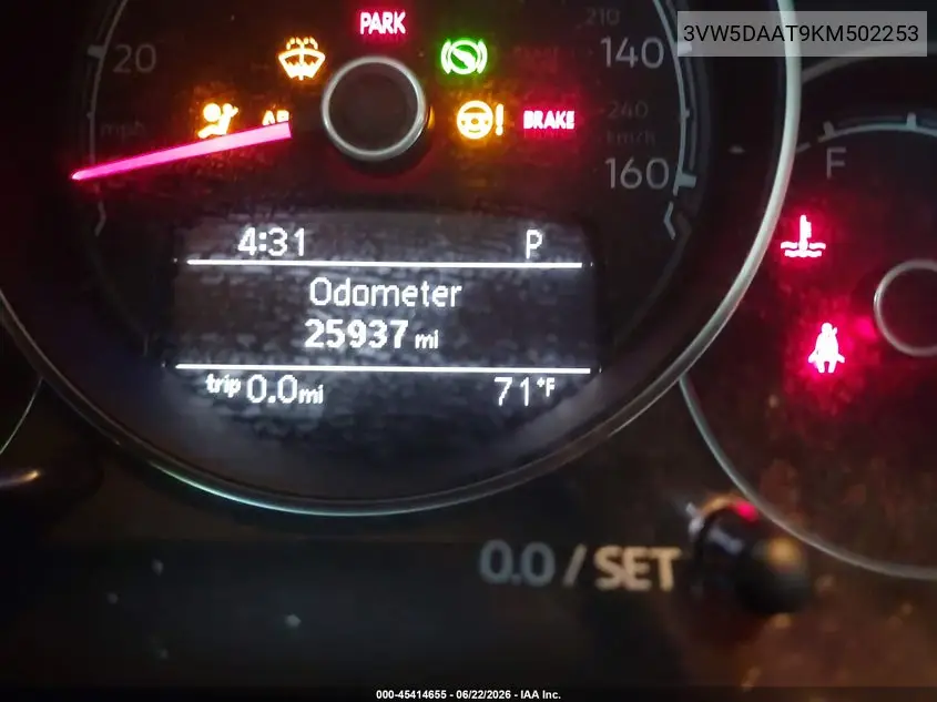 2019 Volkswagen Beetle 2.0T Final Edition Se/2.0T Final Edition Sel/2.0T S/2.0T Se VIN: 3VW5DAAT9KM502253 Lot: 45414655