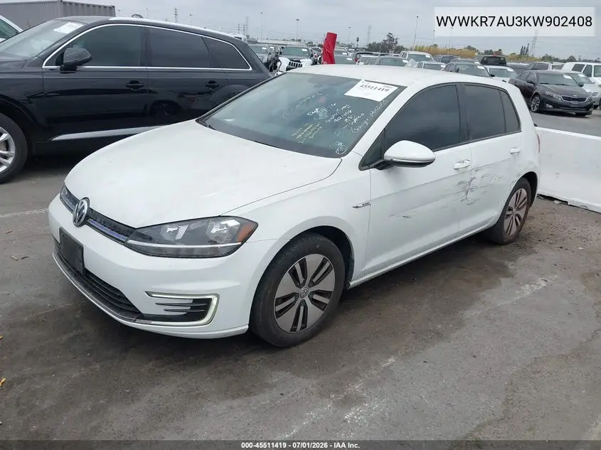 2019 Volkswagen E-Golf Se VIN: WVWKR7AU3KW902408 Lot: 45511419