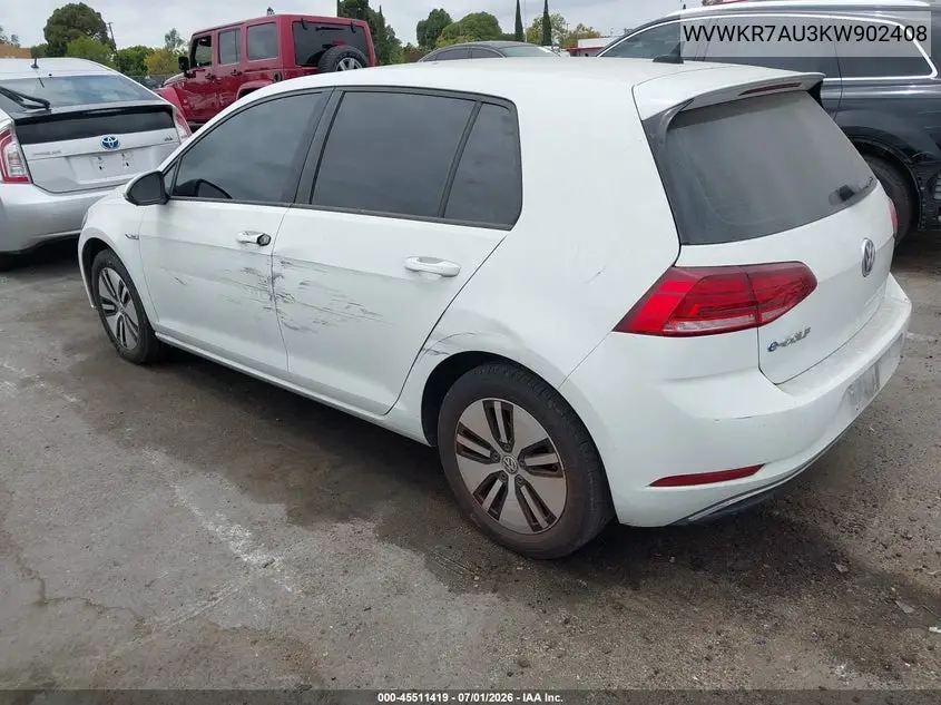 2019 Volkswagen E-Golf Se VIN: WVWKR7AU3KW902408 Lot: 45511419