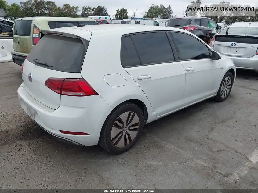2019 Volkswagen E-Golf Se VIN: WVWKR7AU3KW902408 Lot: 45511419