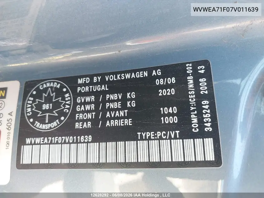 2007 Volkswagen Eos 2.0T VIN: WVWEA71F07V011639 Lot: 12628292x